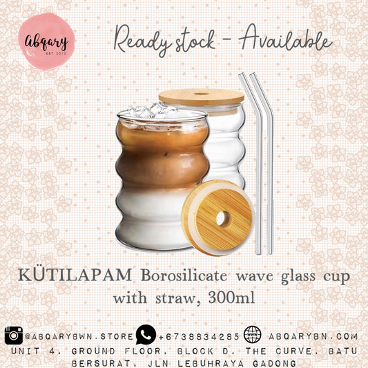 KUTILAPAM Borosilicate wave glass cup with straw , 300ml