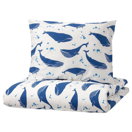 IKEA BLÅVINGAD Duvet cover and pillowcase, whale pattern blue/white, 150x200/50x80 cm