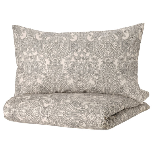 IKEA JÄTTEVALLMO Duvet cover and pillowcase, beige/dark grey, 150x200/50x80 cm