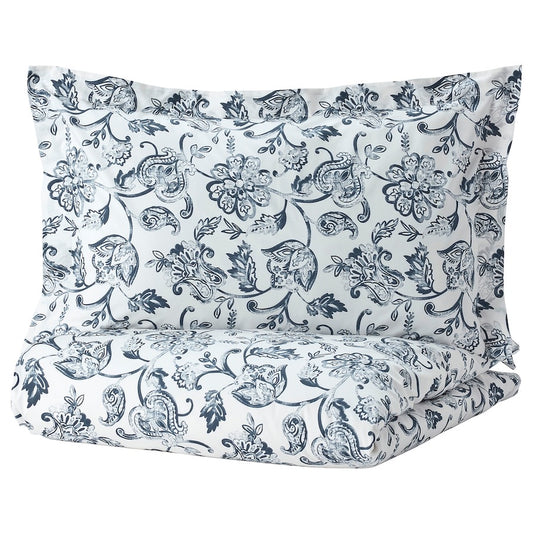 JUNIMAGNOLIA Duvet cover and 2 pillowcases, white/dark blue, 200x200/50x80 cm