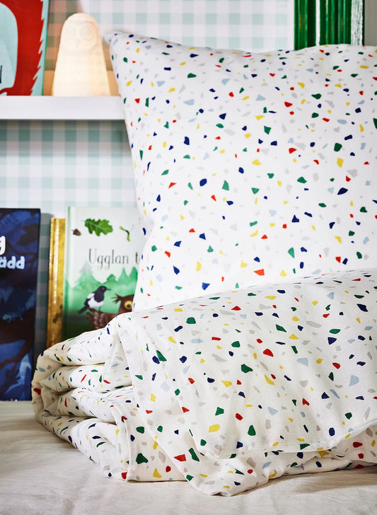 MÖJLIGHET Duvet cover and pillowcase, white/mosaic patterned150x200/50x80 cm