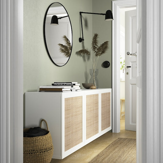 [displayed] IKEA BESTÅ bench with 3 doors, rattan/white studsviken white, 180x42x74 cm
