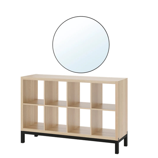 LINDBYN/VITTSJÖ mirror 80cm & Shelving unit with underframe, white stained oak effect/black147x94 cm