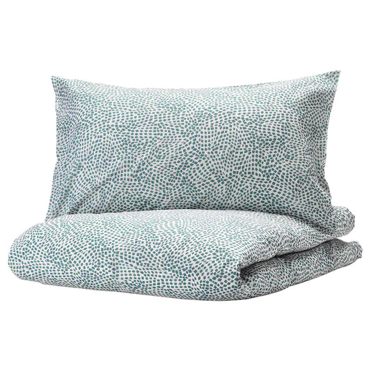 TRÄDKRASSULA Duvet cover and pillowcase, white/blue150x200/50x80 cm