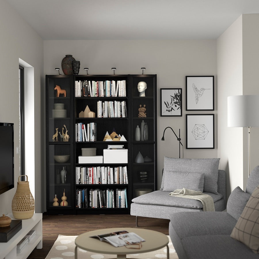 BILLY / OXBERG Bookcase combination w glass doors, black oak effect, 160x202 cm