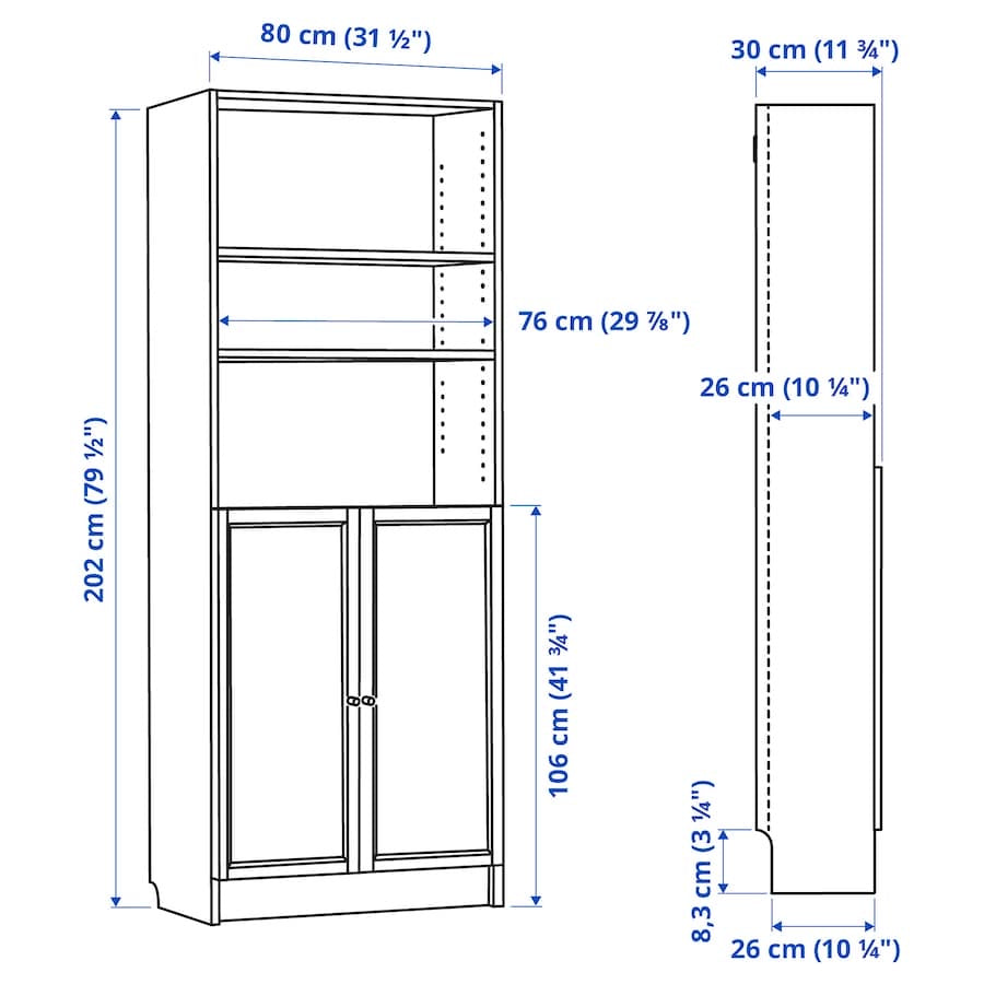 BILLY / OXBERG Bookcase with doors, white, 80x30x202 cm