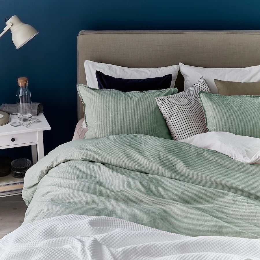 BERGPALM Duvet cover and pillowcase, green/stripe150x200/50x80 cm