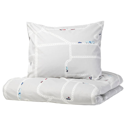 UPPTÅG Duvet cover and pillowcase, cars/roads pattern/grey150x200/50x80 cm