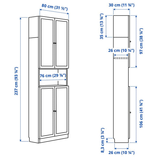 BILLY / OXBERG Bookcase w doors/extension unit, white, 80x30x237 cm