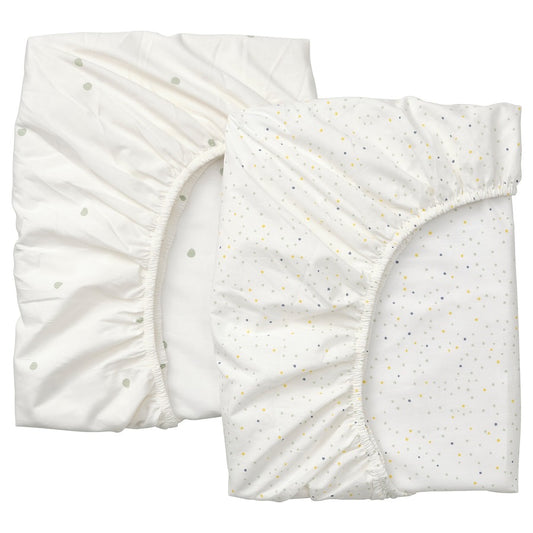 DRÖMSLOTT Fitted sheet for cot, dot pattern green/multicolour, 60x120 cm
